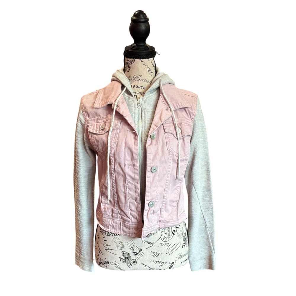 Wallflower Pink Denim Jacket Gray Knitā Hooded Sleeves The Dreamer Fit Womens M